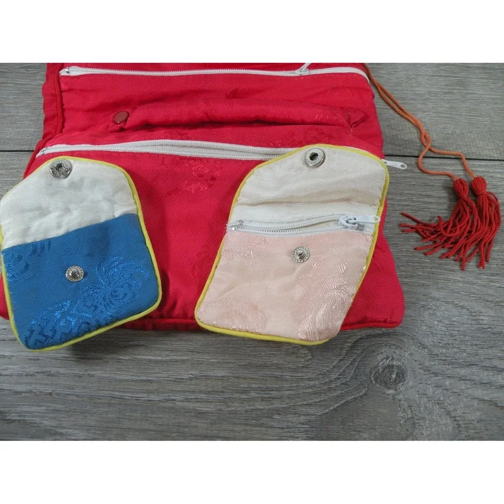 Vintage Silk Brocade Jewelry Roll Travel Organizer Case Red Floral Pouch